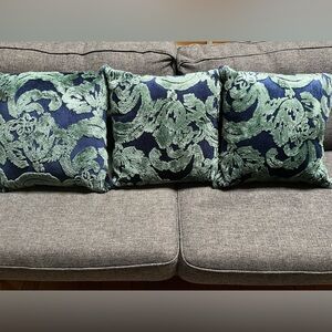 Pottery Barn Chenille Pillow Covers , Blue Velvet with Teal Chenille Design (3)
